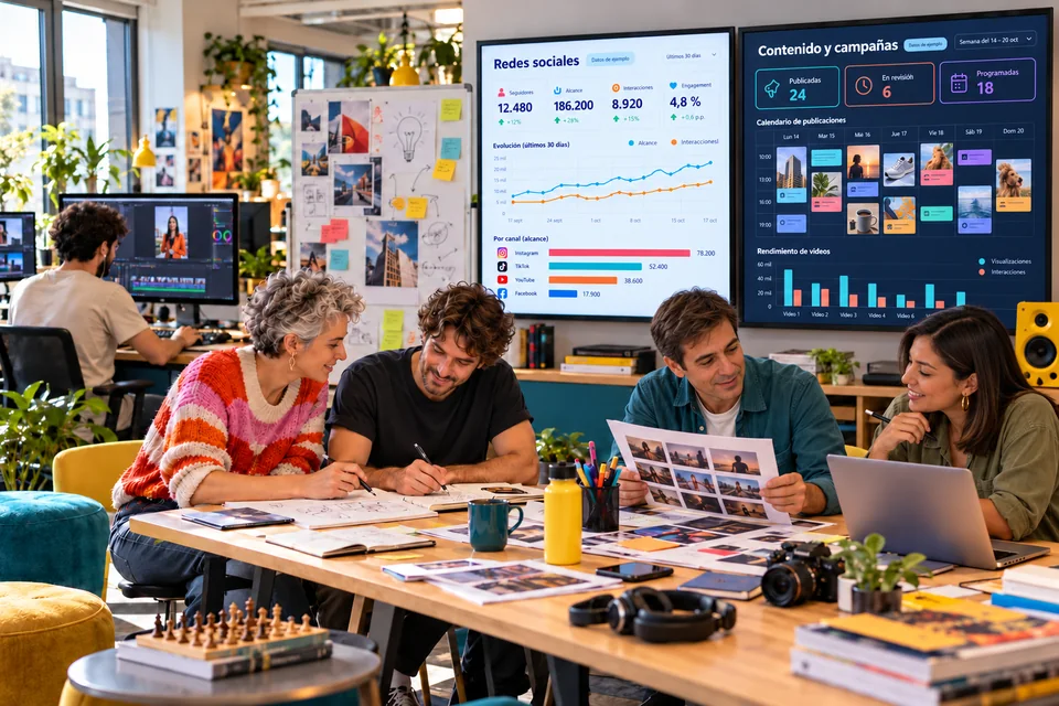 &Eacute;quipe cr&eacute;ative multig&eacute;n&eacute;rationnelle avec deux &eacute;crans d&rsquo;analyse sociale et de contenu, donn&eacute;es d&rsquo;exemple