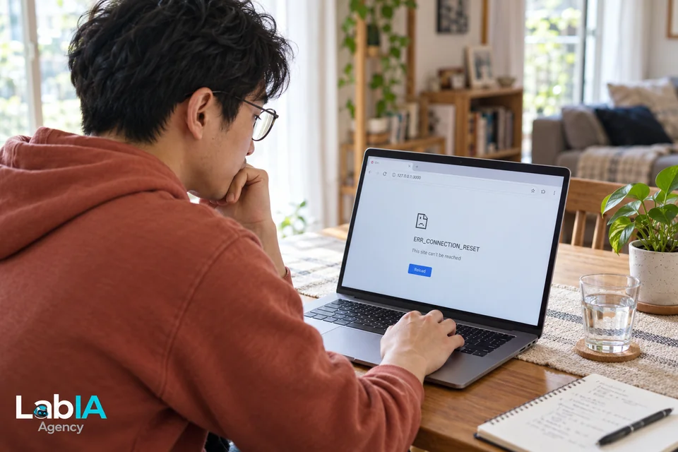 Illustrative scene: A person at home reviews a connection error in a local test; LabIA logo bottom left