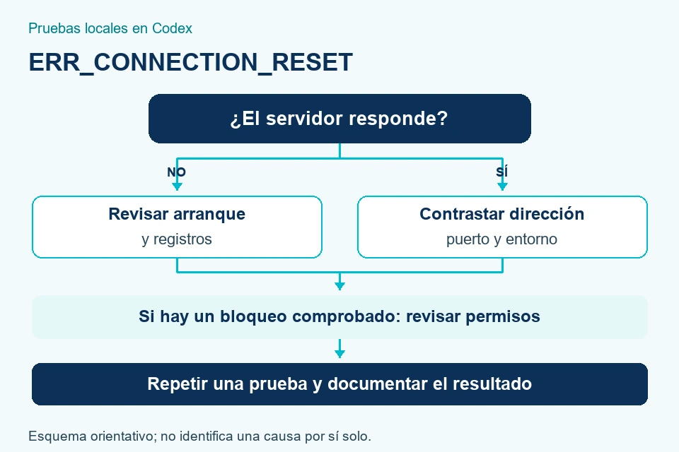 &Aacute;rbol orientativo: comprobar servidor, direcci&oacute;n, entorno y permisos; repetir la prueba y registrar el resultado