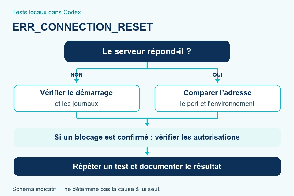 Arbre de diagnostic indicatif : vérifiez le serveur, l'adresse, l'environnement et les autorisations ; répétez le test et enregistrez le résultat