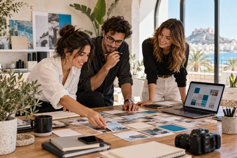Equipo creativo organizando una estrategia de contenido en un estudio