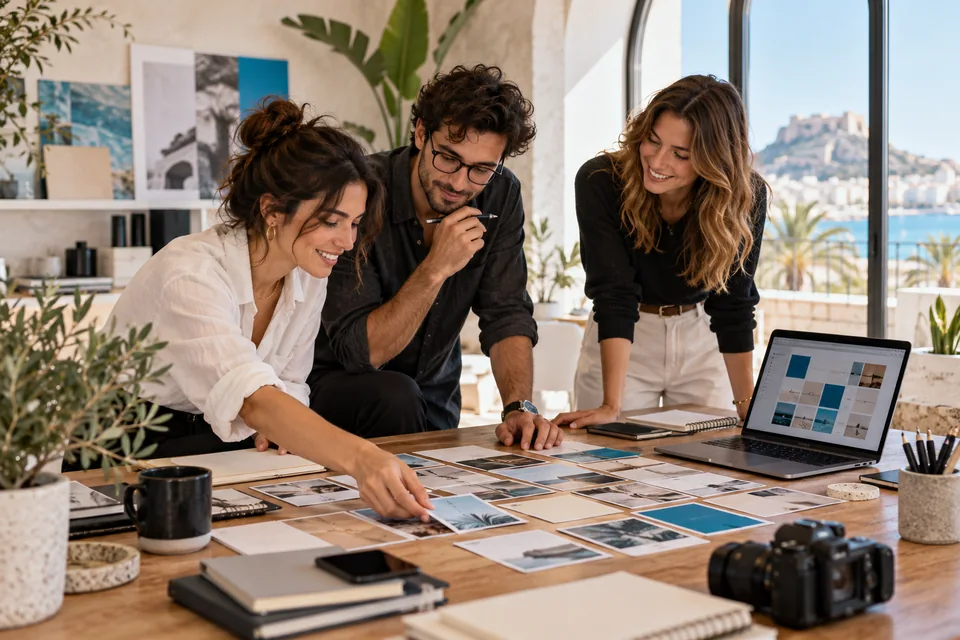 Equipo creativo organizando una estrategia de contenido en un estudio
