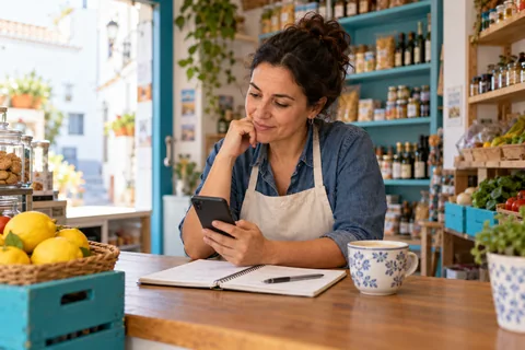 Responsable de un pequeño comercio planificando su comunicación con un móvil y una libreta