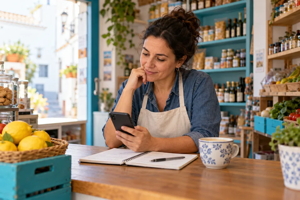 Responsable de un pequeño comercio planificando su comunicación con un móvil y una libreta