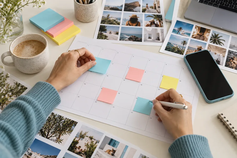 Manos organizando un calendario de contenidos y materiales visuales