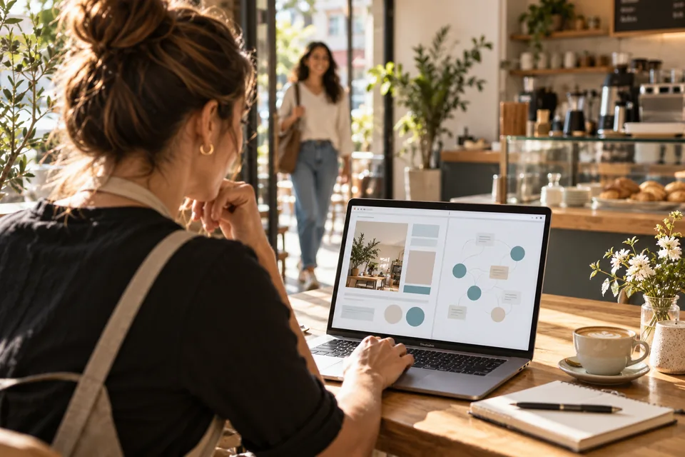 Responsable de una cafetería revisando su presencia digital en un ordenador