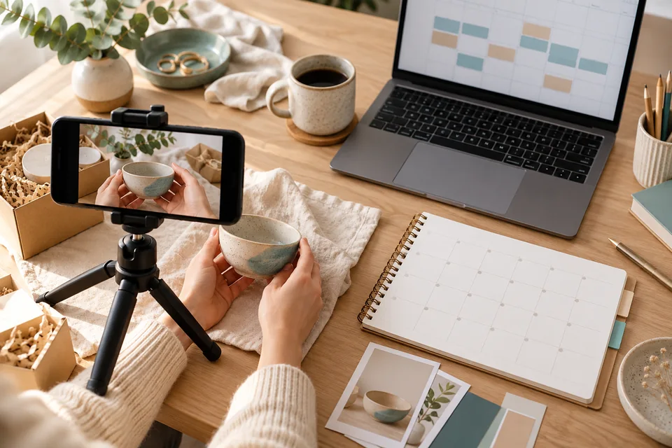 Grabación de un producto con un móvil junto a un calendario de publicaciones
