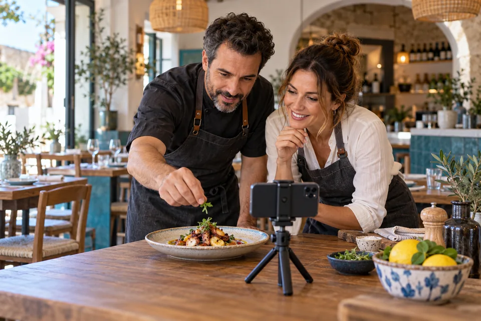 Dos propietarios de un restaurante preparando un v&iacute;deo de un plato con un m&oacute;vil y tr&iacute;pode