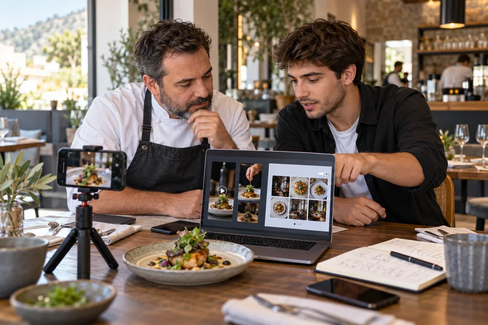 Dos responsables de un restaurante revisando v&iacute;deos verticales y un carrusel en el ordenador