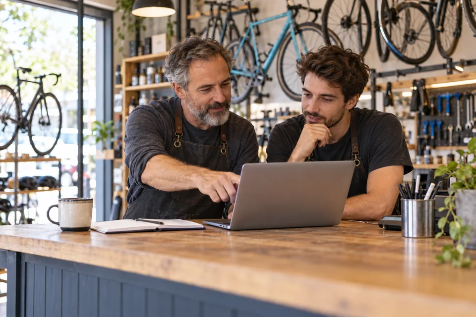 Dos due&ntilde;os de una tienda y taller de bicicletas comparando herramientas de contenido en un port&aacute;til
