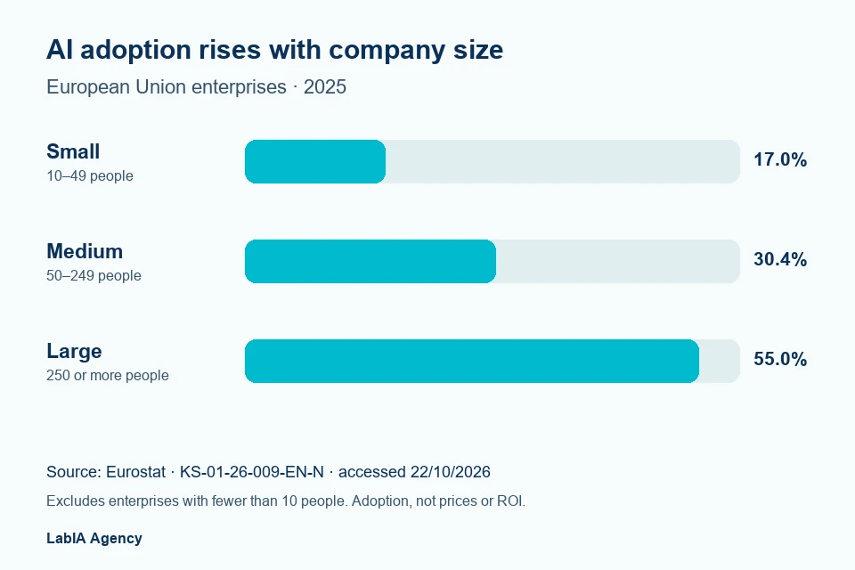 Use of AI in companies in the European Union in 2025: small 17.0%, medium 30.4%, large 55.0%. Source: Eurostat.