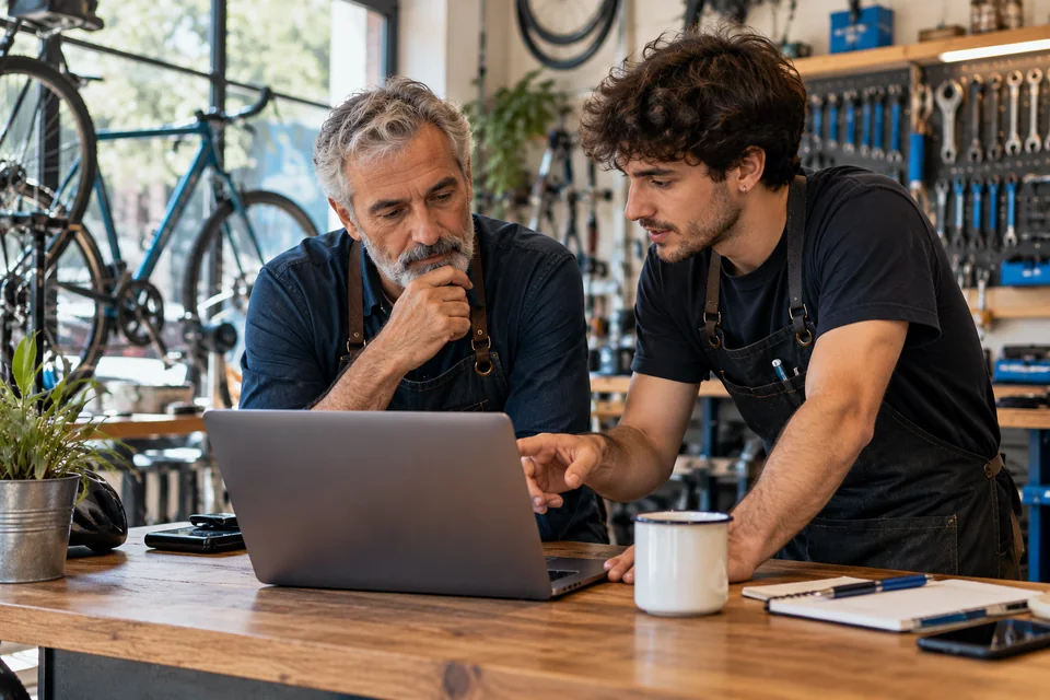Escena il·lustrativa: propietari d´un taller de bicicletes i un company jove revisant publicacions