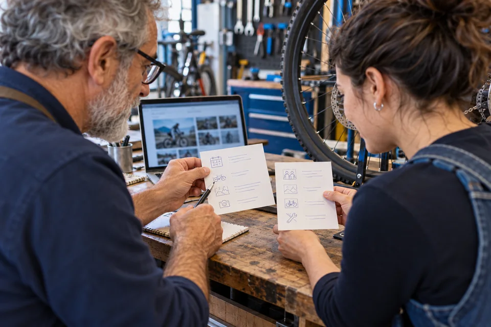 Responsables de diferents edats revisant missatges per a clients en un taller de bicicletes