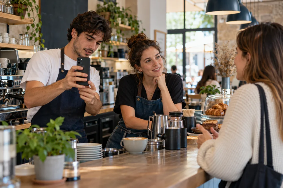 Escena ilustrativa: equipo adulto joven de una cafetería preparando contenido y escuchando a un cliente