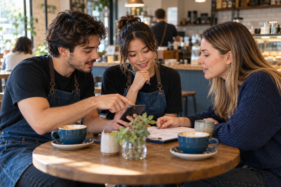 Equipo de una cafetería escuchando la opinión de una persona adulta joven sobre sus publicaciones