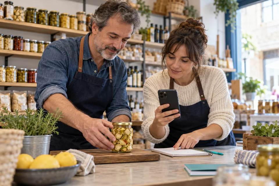 Escena ilustrativa: responsables de un peque&ntilde;o comercio preparando mensajes breves sobre sus productos
