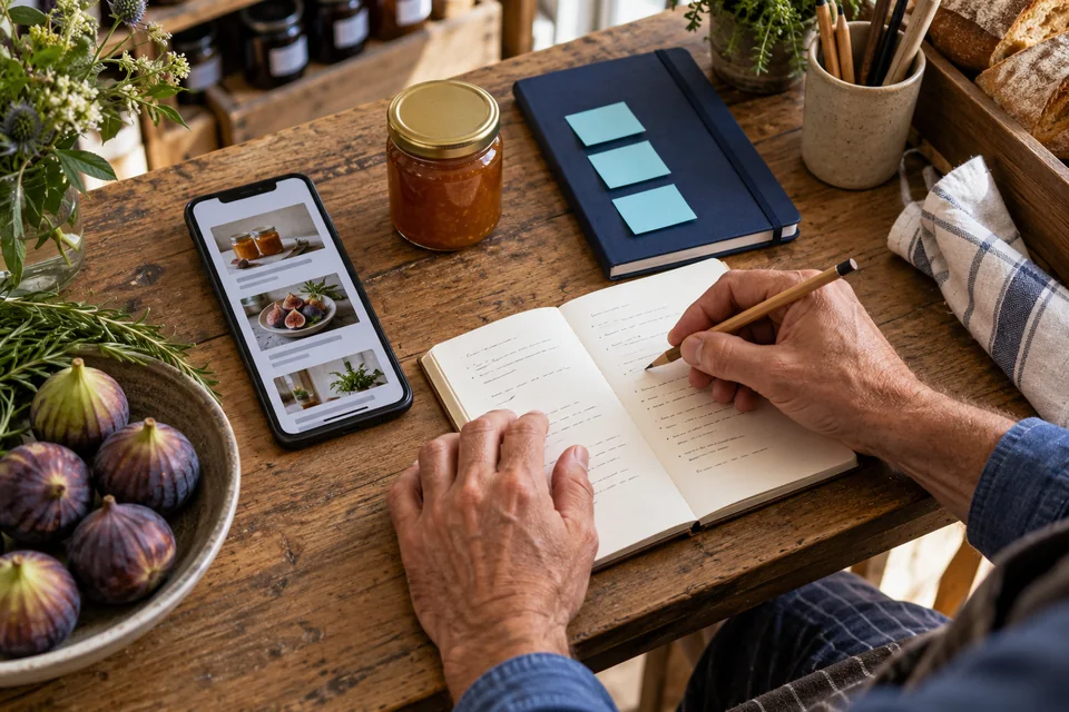 Cuaderno y m&oacute;vil con un borrador breve junto a un producto de una tienda de alimentaci&oacute;n