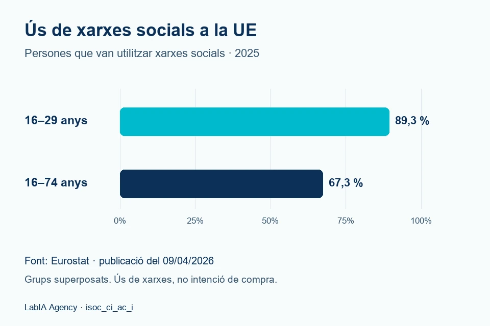 Ús de xarxes socials a la UE el 2025: 89,3 % entre 16 i 29 anys i 67,3 % entre 16 i 74 anys