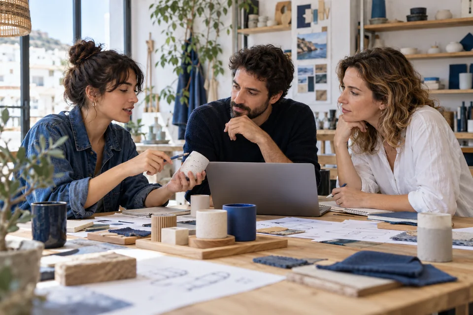 Escena il·lustrativa: professionals adults de diferents edats col·laborant en un petit taller creatiu