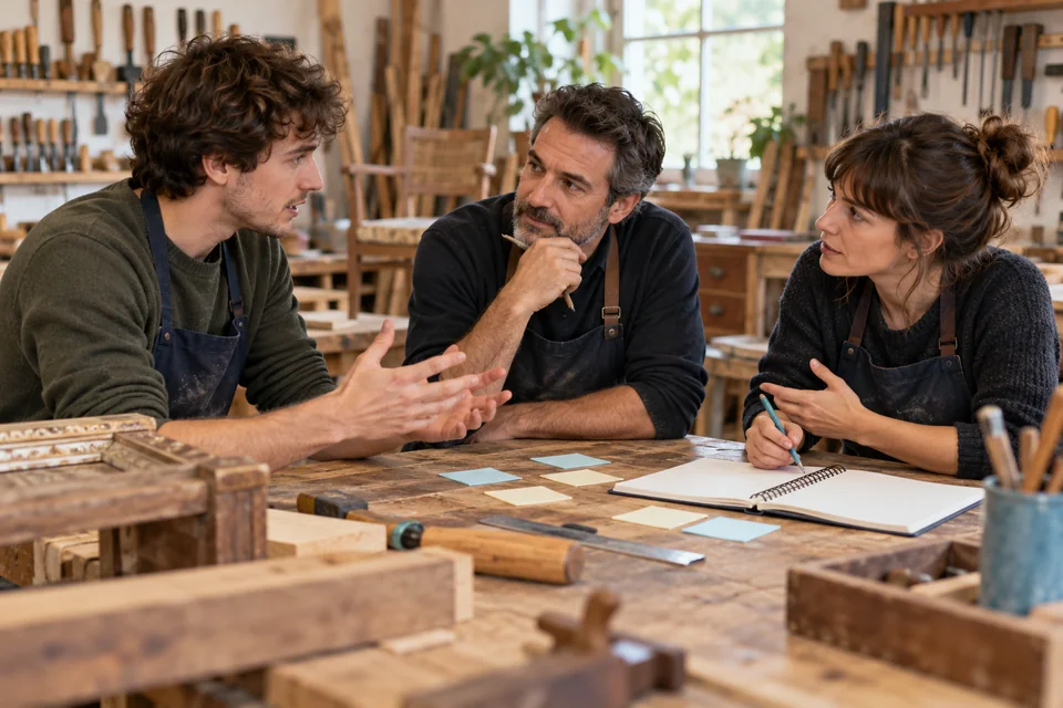 Escena il·lustrativa: equip de diferents edats dialogant sobre un projecte en un taller