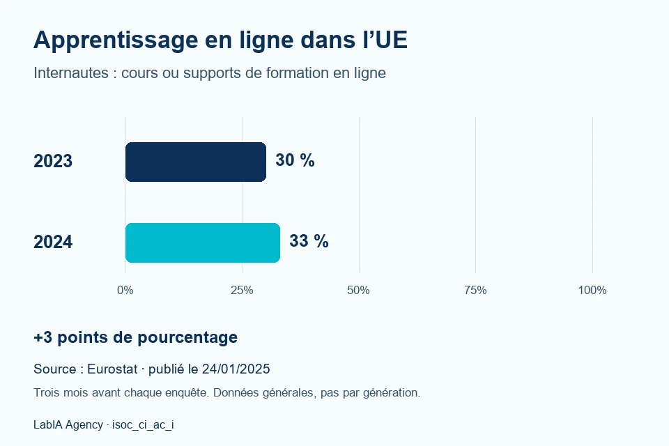 Apprentissage en ligne parmi les internautes de l'UE : 30 % en 2023 et 33 % en 2024