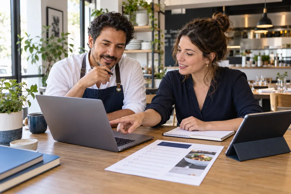 Scène illustrative : des gérants de restaurant planifient une ressource téléchargeable pour leur public