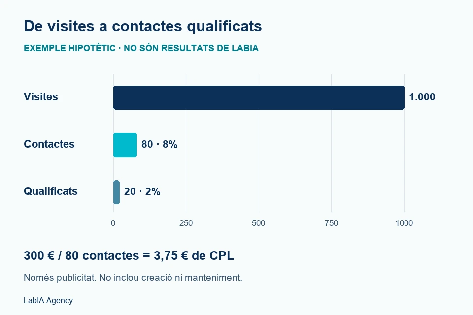 Exemple hipot&egrave;tic: 1000 visites, 80 contactes i 20 contactes qualificats; conversi&oacute; del 8% i CPL publicitari de 3,75 euros amb 300 euros invertits