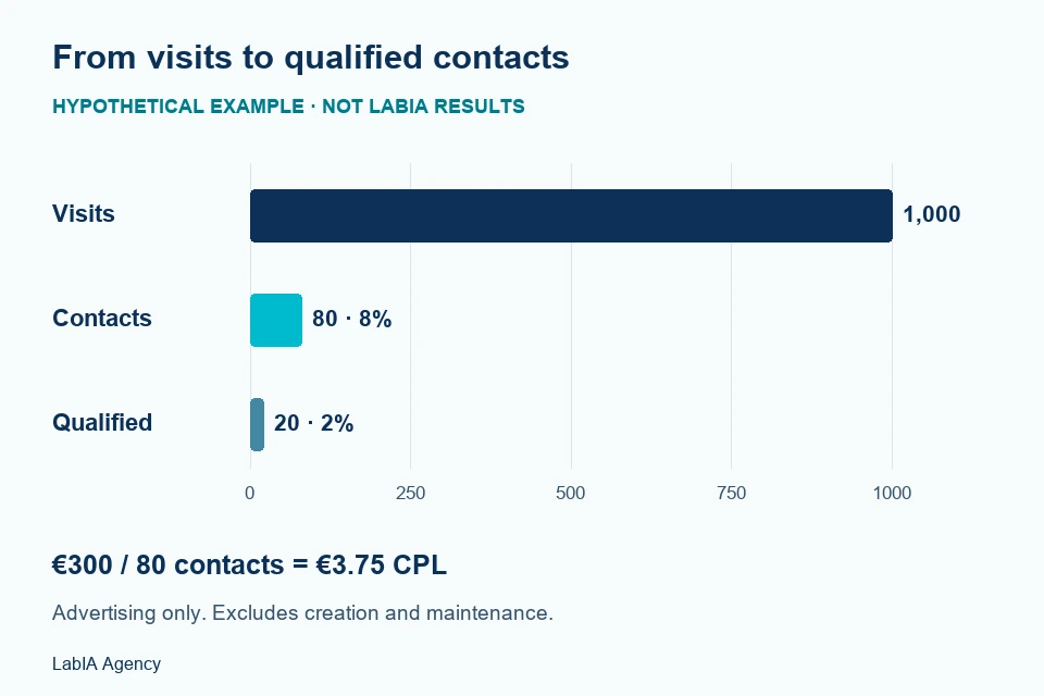 Hypothetical example: 1000 visits, 80 contacts and 20 qualified contacts; conversion of 8% and advertising CPL of 3.75 euros with 300 euros invested