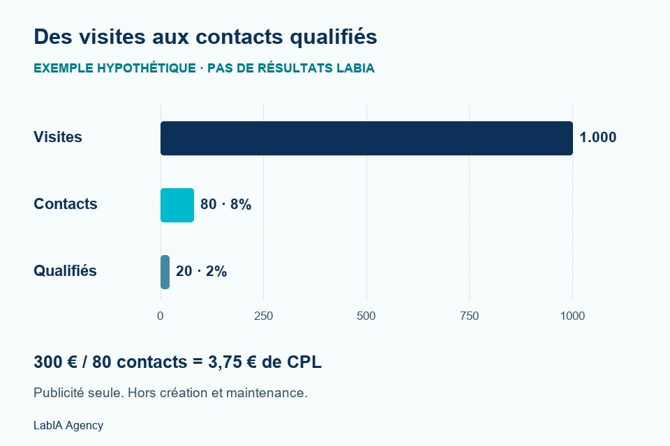 Exemple hypothétique : 1000 visites, 80 contacts et 20 contacts qualifiés ; conversion de 8% et CPL publicitaire de 3,75 euros avec 300 euros investis
