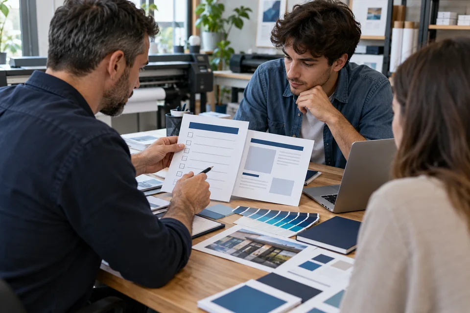 Scène illustrative : les dirigeants d'une petite entreprise préparent une liste de contrôle et un modèle utile