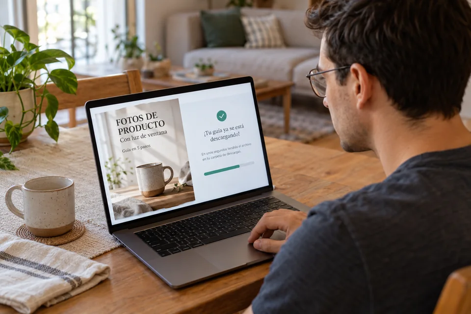 Illustrative scene: a man at home downloads a PDF tutorial on window-light product photography
