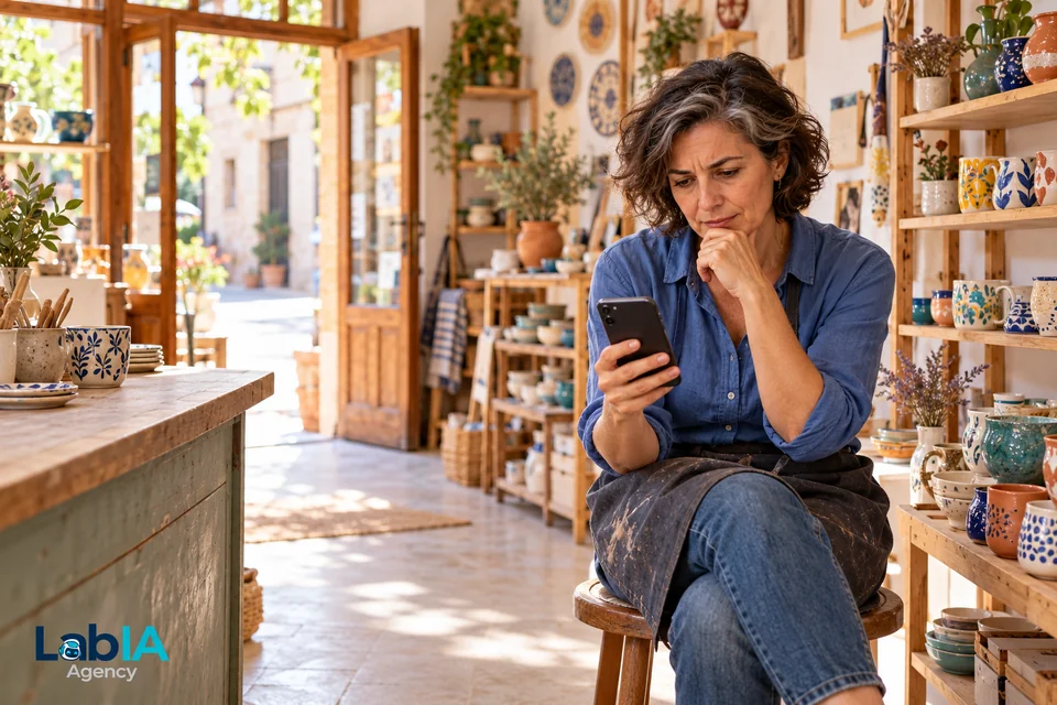 Illustrative scene: the owner of a ceramics store checks her social networks; LabIA logo bottom left