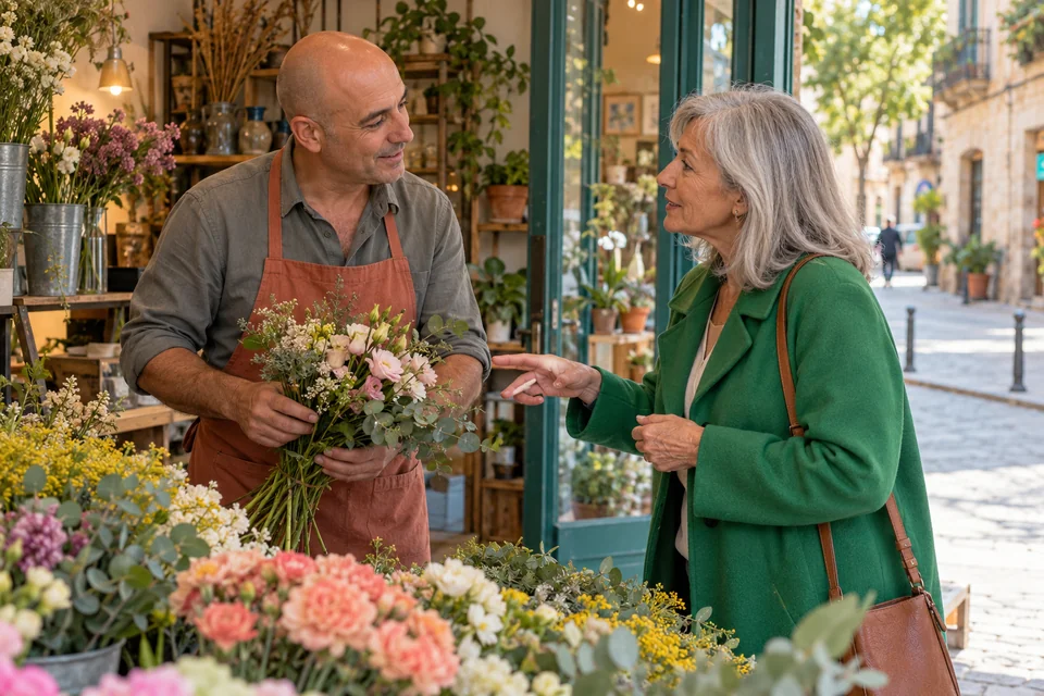 Illustrative scene: a florist attends an in-person consultation in his small business