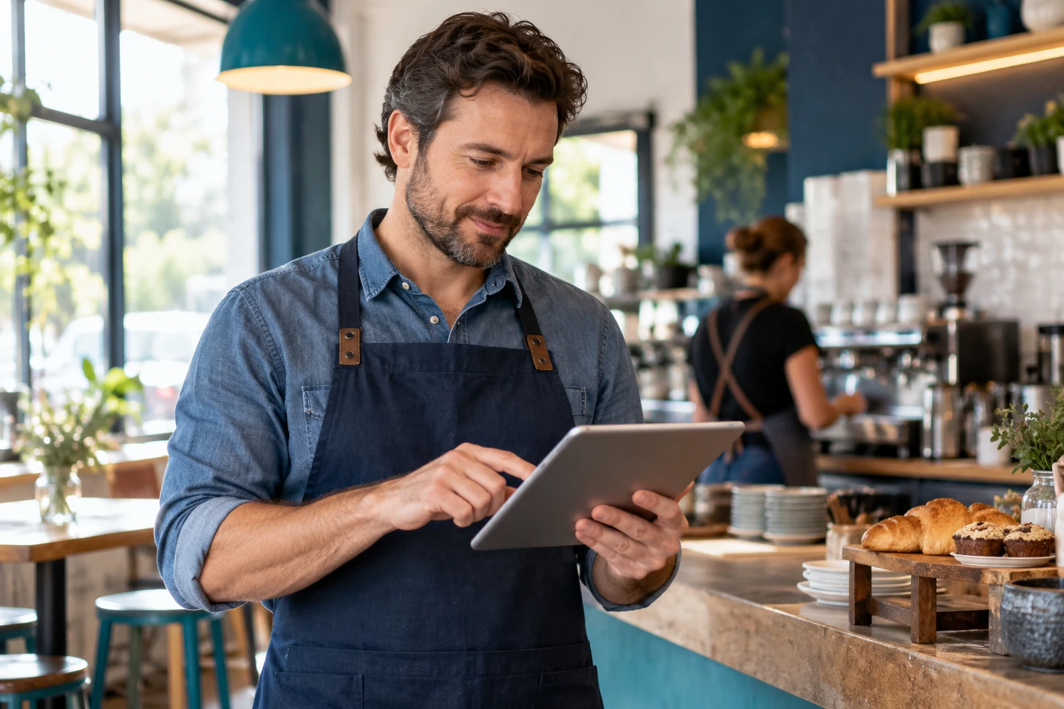 Profesional de una cafeter&iacute;a revisando una tablet en su negocio