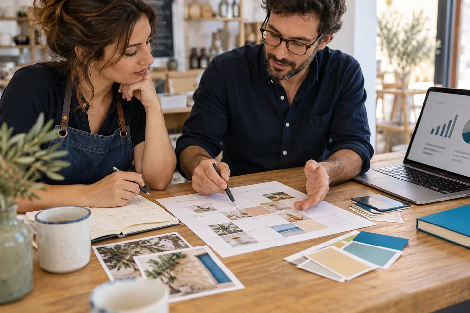 Planificaci&oacute;n de contenidos y prioridades de marketing en una mesa de trabajo