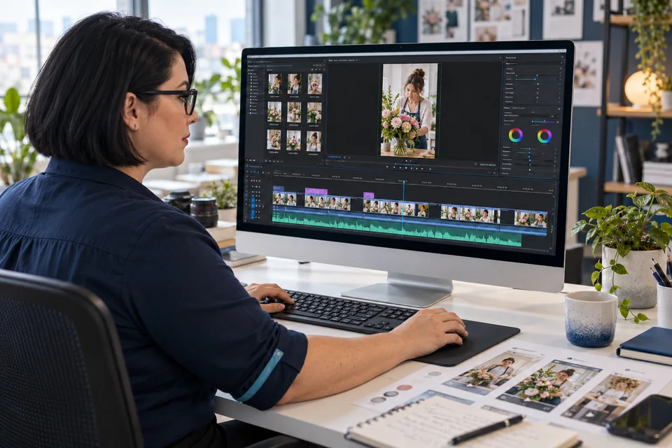 Dise&ntilde;adora editando un reel vertical con l&iacute;nea de tiempo de v&iacute;deo y audio