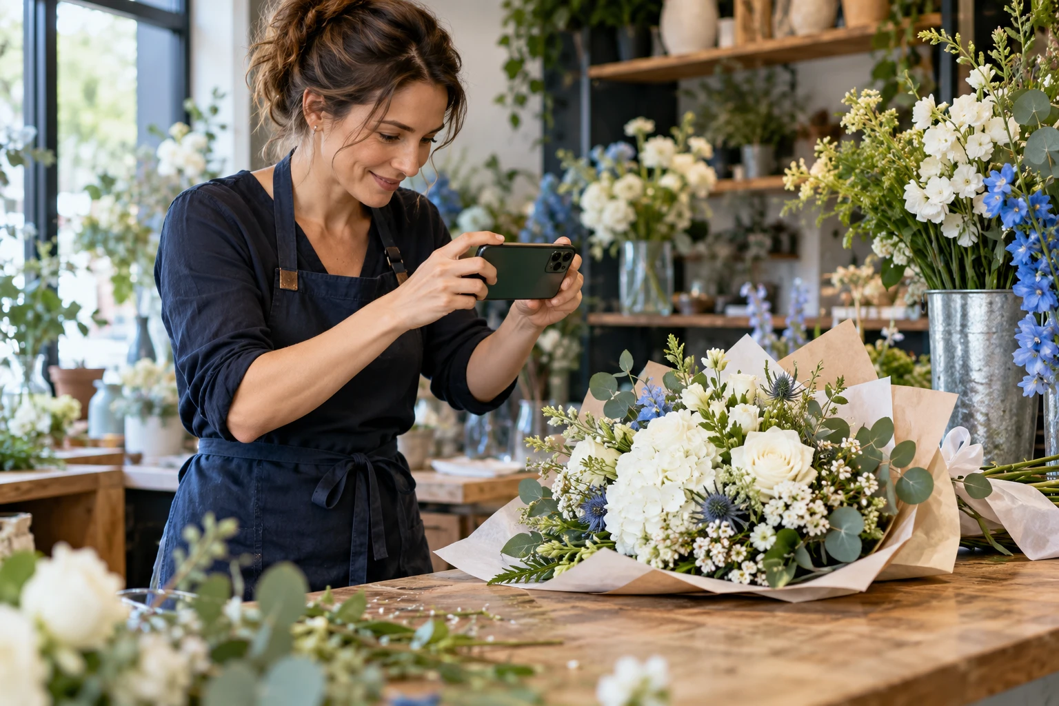 Florista fotografiando un ramo para mostrar sus productos en redes sociales
