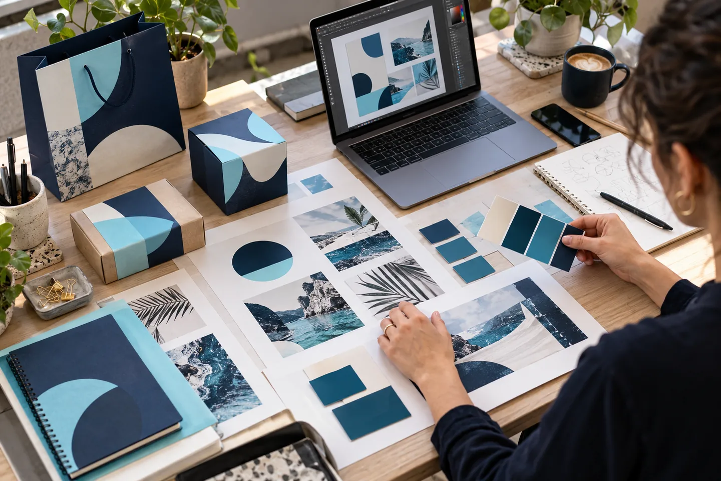 Mesa de dise&ntilde;o con muestras de color, piezas gr&aacute;ficas y un port&aacute;til