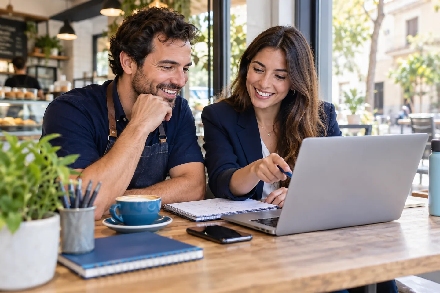 Profesionales planificando un calendario de redes sociales en una cafeter&iacute;a