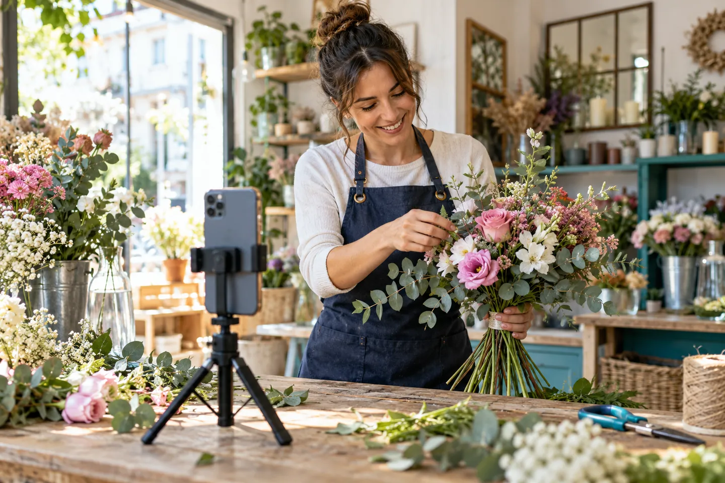 Florista preparando un ramo mientras graba un v&iacute;deo con el m&oacute;vil