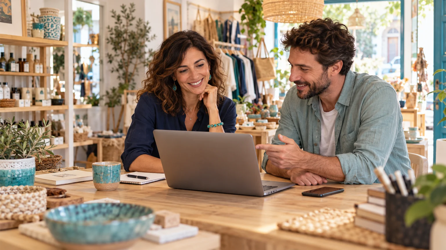 Profesionales de un comercio revisando una campa&ntilde;a de comunicaci&oacute;n digital